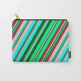 [ Thumbnail: Colorful Brown, Light Grey, Cyan, Dark Green, and Green Colored Stripes Pattern Carry-All Pouch ]