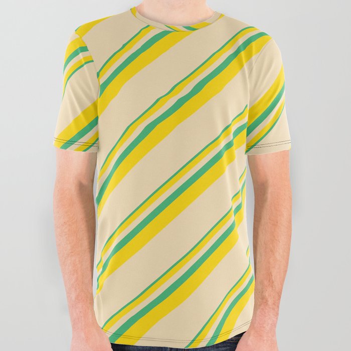 Sea Green, Yellow & Tan Colored Lines/Stripes Pattern All Over Graphic Tee
