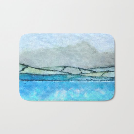 Landscape with fog and blue Bath Mat