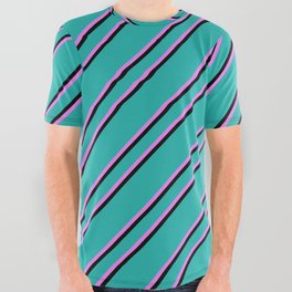 [ Thumbnail: Light Sea Green, Violet, and Black Colored Lined/Striped Pattern All Over Graphic Tee ]