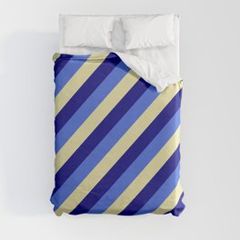 [ Thumbnail: Royal Blue, Pale Goldenrod, and Blue Colored Stripes/Lines Pattern Duvet Cover ]