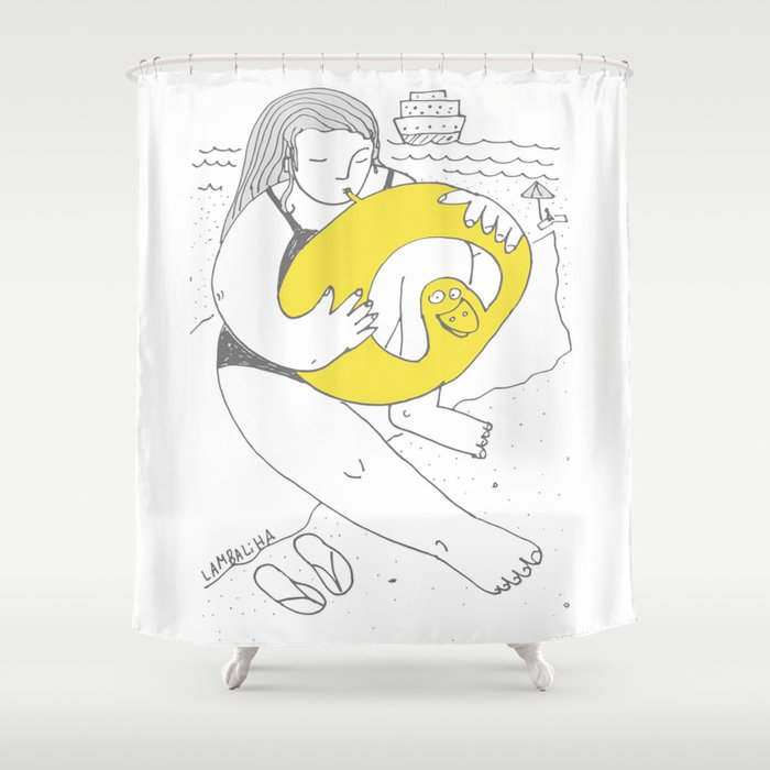 Girl inflating a swim ring Shower Curtain