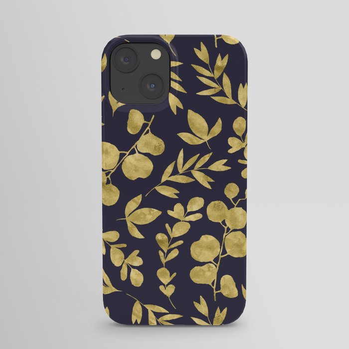 Golden Meadow Gold Leaves on Navy iPhone Case