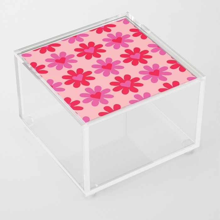 Pink and Red Retro Flowers with Hearts Pattern, Indie Decor - Preppy Aesthetic Acrylic Box