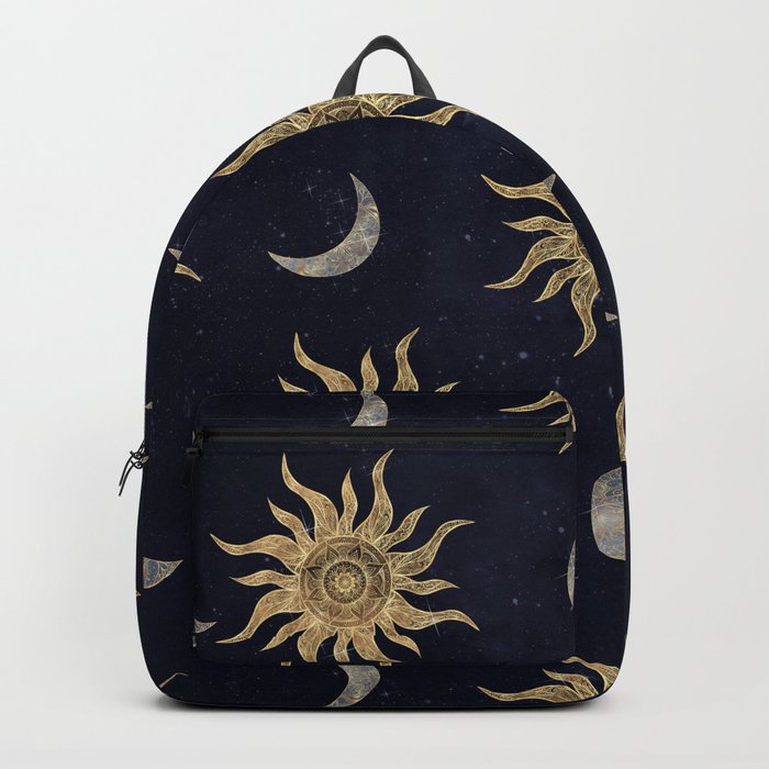 Gold Moon Sun Mandala Blue Night Sky Pattern Backpack
