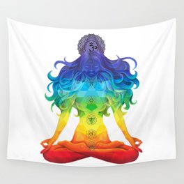 Woman with Colored Chakras in Lotus Position Wall Tapestry