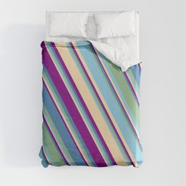 [ Thumbnail: Eyecatching Blue, Dark Sea Green, Sky Blue, Beige, and Purple Colored Lines Pattern Duvet Cover ]