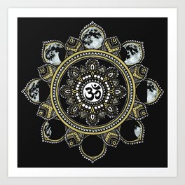 Om Moon Phase Mandala Black Art Print