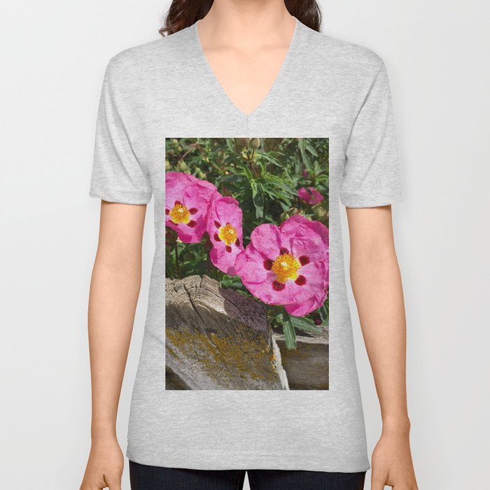 Picket fence and pink flowers V Neck T Shirt
