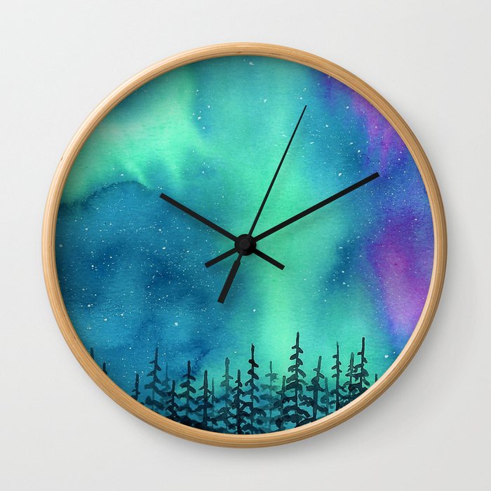 "Wilderness Lights" Aurora Borealis watercolor landscape painting Wall Clock