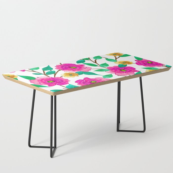 Floral Forever, Colorful Summer Garden Botanical Illustration, Pink Boho Vibrant Painting Coffee Table