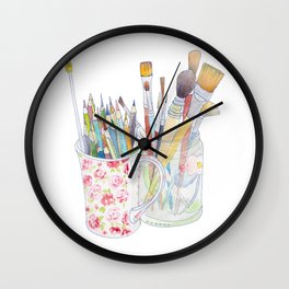 Art Tools: pencils and brushes (ink & watercolour) Wall Clock
