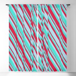 [ Thumbnail: Turquoise, Crimson, and Light Blue Colored Lined Pattern Blackout Curtain ]