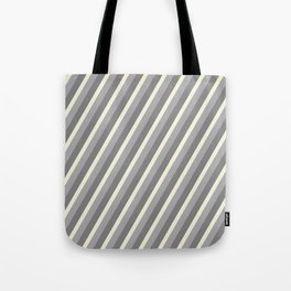 [ Thumbnail: Gray, Beige & Dark Grey Colored Lined/Striped Pattern Tote Bag ]