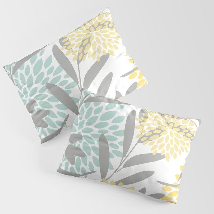 Floral Prints, Leaves and Blooms, Gray, Yellow and Aqua Pillow Sham