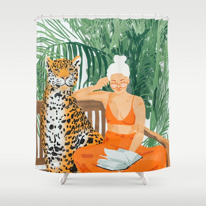 Jungle Vacay | Modern Bohemian Blonde Woman Tropical Travel | Leopard Wildlife Forest Reader Shower Curtain