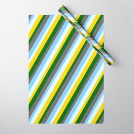 [ Thumbnail: Colorful Dark Green, Dim Gray, Light Sky Blue, Light Cyan, and Yellow Colored Pattern of Stripes Wrapping Paper ]