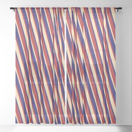[ Thumbnail: Tan, Midnight Blue & Red Colored Striped/Lined Pattern Sheer Curtain ]