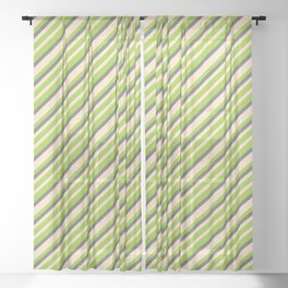 [ Thumbnail: Bisque, Green & Dim Gray Colored Pattern of Stripes Sheer Curtain ]