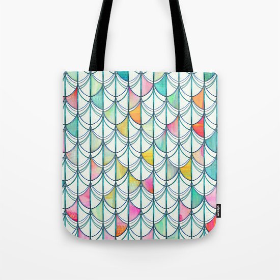 Pencil & Paint Fish Scale Cutout Pattern - white, teal, yellow & pink Tote Bag