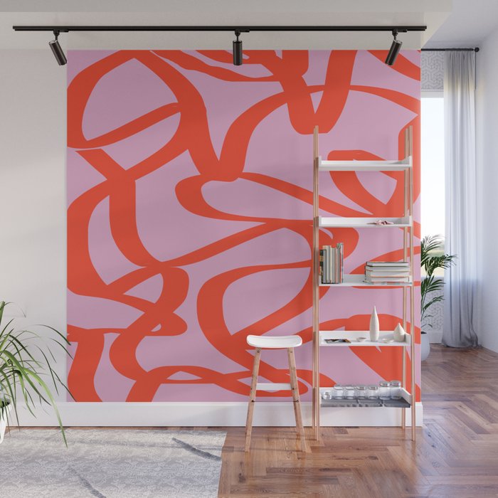 Pink Retro Lines Modern Abstract Brush Shapes Midcentury Line Shapes Vintage Wall Mural