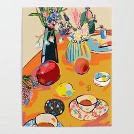 TEA AND FLOWERS AT HOME Poster