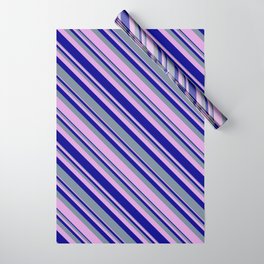 [ Thumbnail: Light Slate Gray, Plum, and Dark Blue Colored Lines/Stripes Pattern Wrapping Paper ]