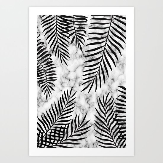 Black palm leaves on marble Art Print