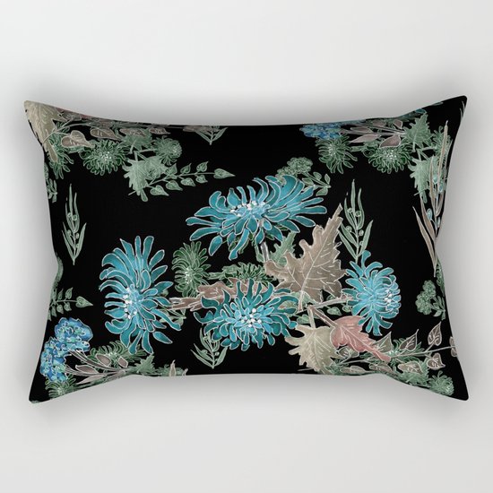 Blue chrysanthemums. Black . Watercolor . Rectangular Pillow