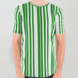 [ Thumbnail: Forest Green & Mint Cream Colored Pattern of Stripes All Over Graphic Tee ]