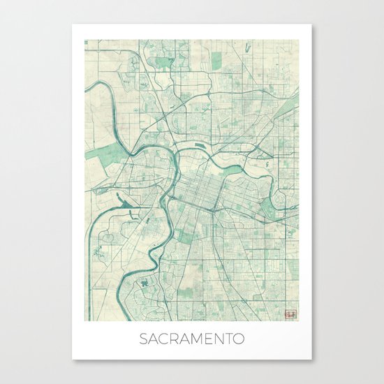 Sacramento Map Blue Vintage Canvas Print