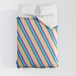 [ Thumbnail: Purple, Cyan, Dim Gray & Tan Colored Lined/Striped Pattern Comforter ]