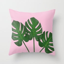 Green Monstera Plants In Pink  Throw Pillow