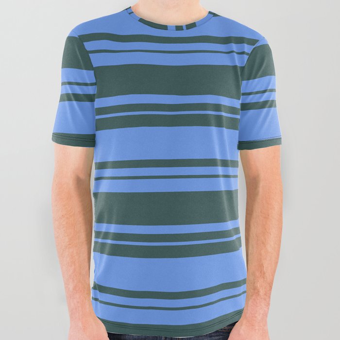 Cornflower Blue and Dark Slate Gray Colored Stripes/Lines Pattern All Over Graphic Tee