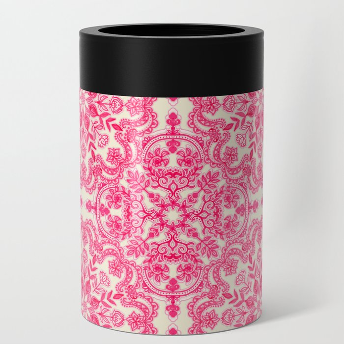 Hot Pink & Soft Cream Folk Art Pattern Can Cooler