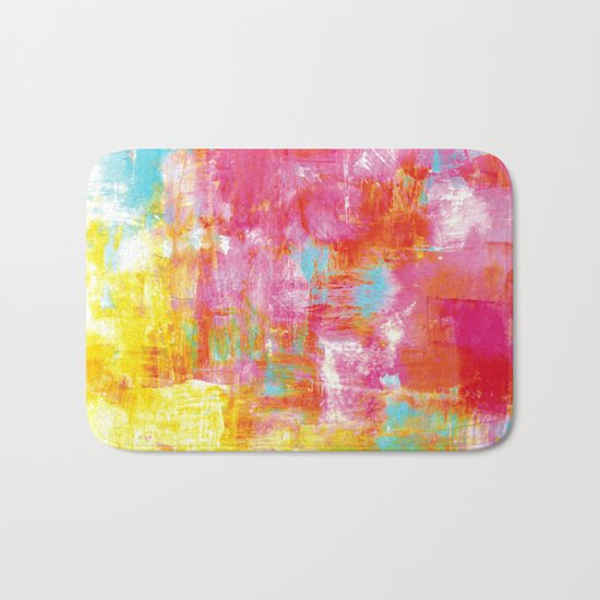 OFF THE GRID 2 Colorful Pink Pastel Neon Abstract Watercolor Acrylic Textural Art Painting Rainbow Bath Mat