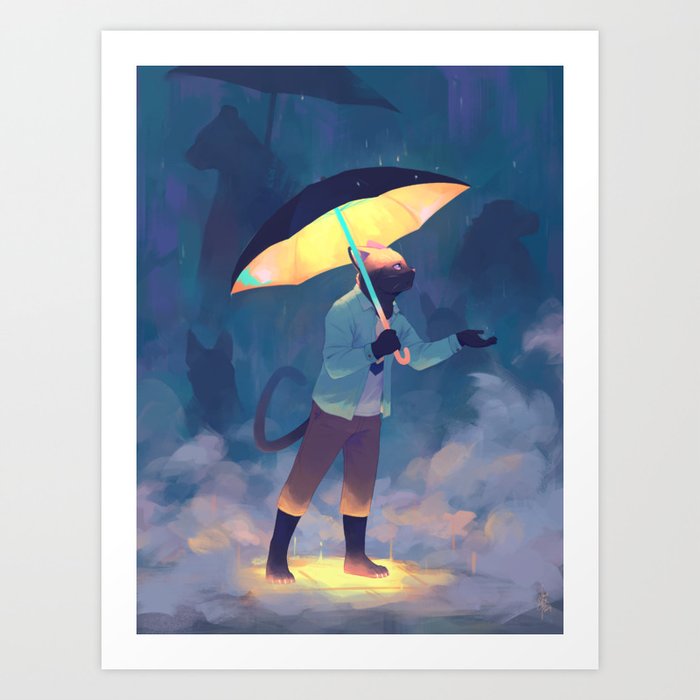 Walking in Rain Art Print
