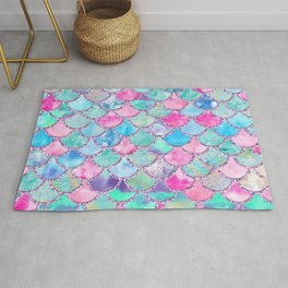 Colorful Pink and Blue Watercolor Trendy Glitter Mermaid Scales  Area & Throw Rug