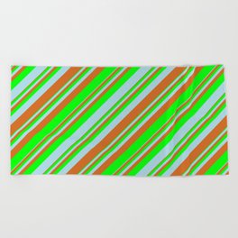 [ Thumbnail: Chocolate, Lime & Light Blue Colored Lined/Striped Pattern Beach Towel ]