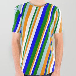 [ Thumbnail: Eye-catching Light Blue, Dark Orange, White, Blue & Green Colored Lined/Striped Pattern All Over Graphic Tee ]