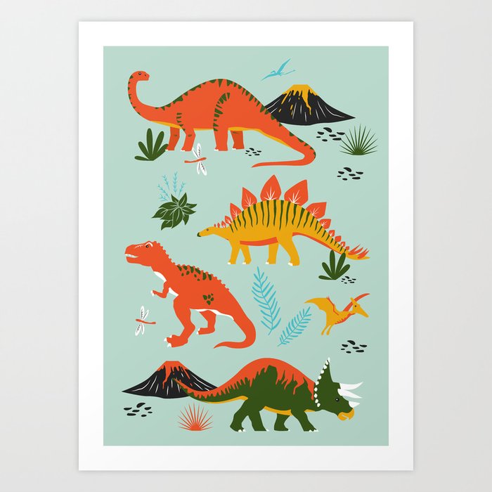 Jurassic Dinosaurs in Blue + Red Art Print