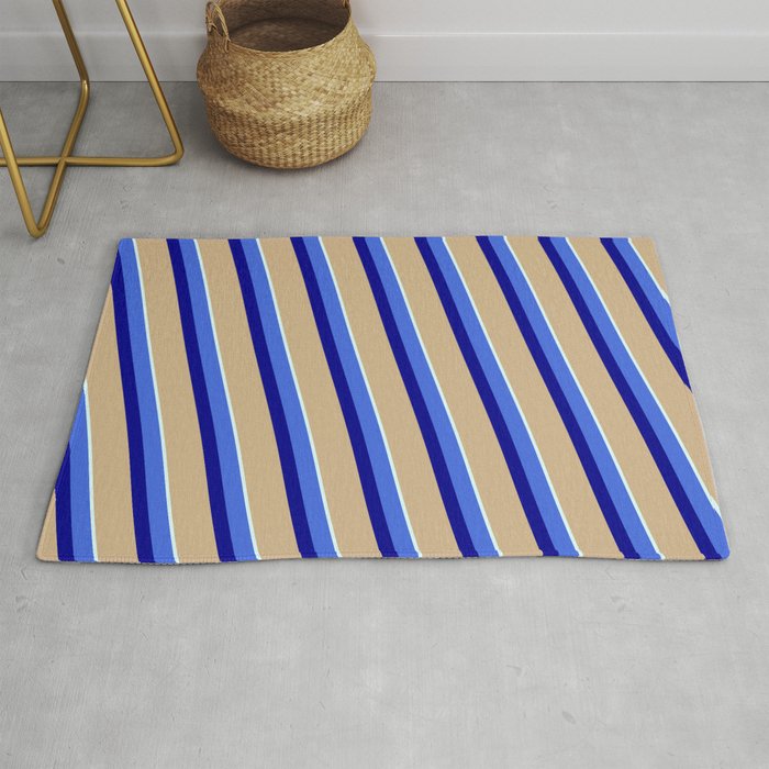 Royal Blue, Dark Blue, Tan & Light Cyan Colored Stripes/Lines Pattern Rug