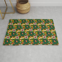 Colorful Floral Pattern On Green Background Area & Throw Rug