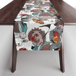 Geo spring animal party // green grey linen texture background brown aqua mint orange and neon red details Table Runner