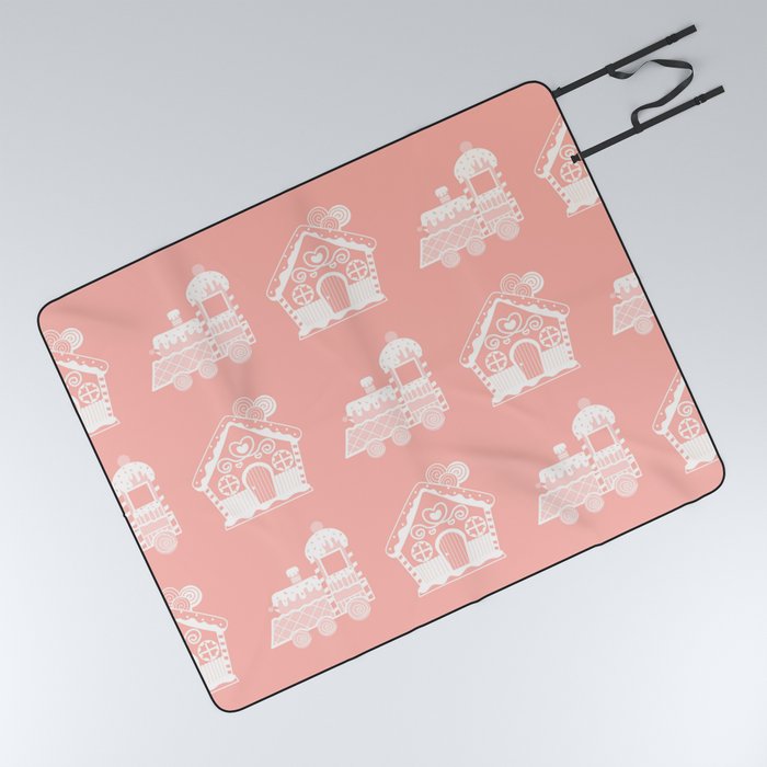 Hand Drawn Christmas Pattern with Sweet Gingerman Cookies of Houses and Train Locomotive on Light Pink Background Picnic Blanket