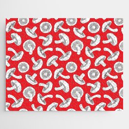 Shiitake mushrooms seamless pattern. Mushrooms repeat pattern. Red and white background vector illustration. Jigsaw Puzzle