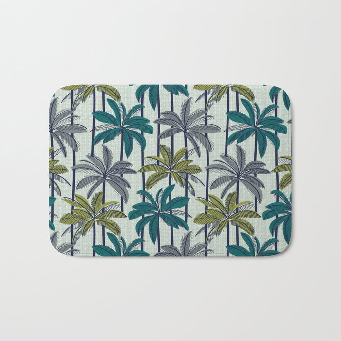 Retro Palm Springs vibes // sea mist green background highball pine and grey green palm trees oxford navy blue lines Bath Mat