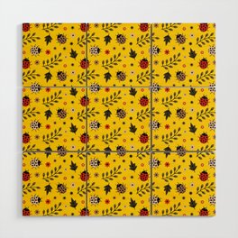 Ladybug and Floral Seamless Pattern on Yellow Background Wood Wall Art