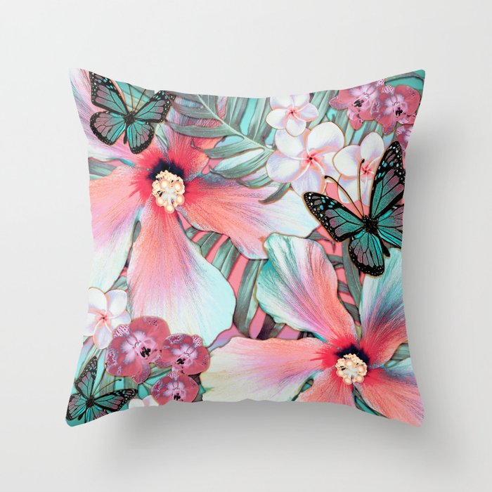 Peachy Mint Hibiscus Tropical Throw Pillow