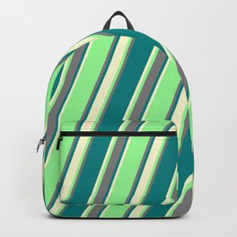 [ Thumbnail: Green, Grey, Teal & Light Yellow Colored Striped Pattern Backpack ]